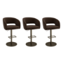 Set of 3 Curved Brown Velvet Adjustable Swivel Bar Stools with Brass Base - Runa