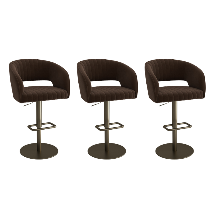 Set of 3 Curved Brown Velvet Adjustable Swivel Bar Stools with Brass Base - Runa