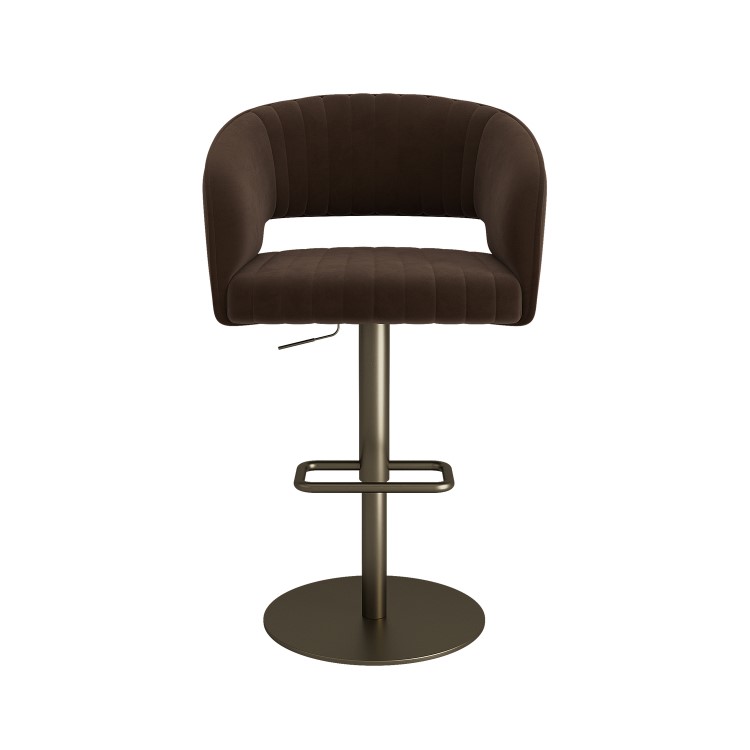 Set of 3 Curved Brown Velvet Adjustable Swivel Bar Stools with Brass Base - Runa