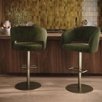 Set of 2 Curved Olive Green Velvet Adjustable Swivel Bar Stools with Brass Base - Runa