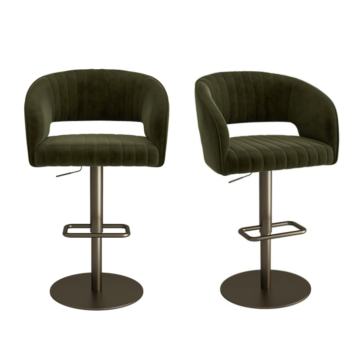 Set of 2 Curved Olive Green Velvet Adjustable Swivel Bar Stools with Brass Base - Runa