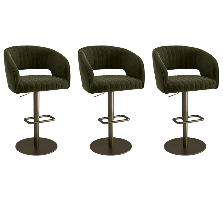 Set of 3 Curved Olive Green Velvet Adjustable Swivel Bar Stools with Brass Base - Runa