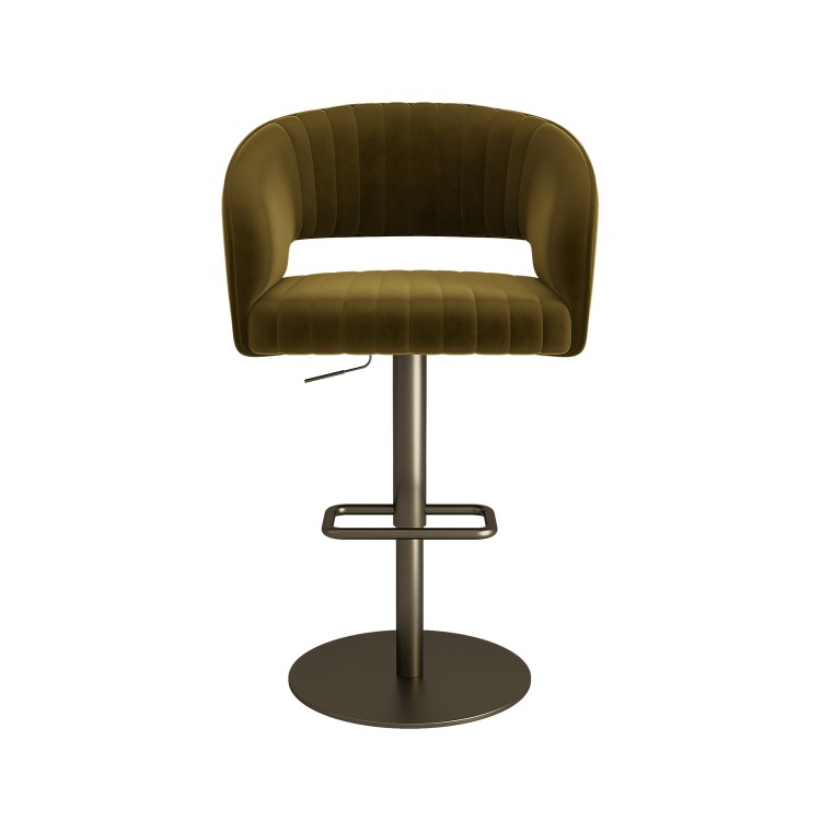 Set of 2 Curved Olive Green Velvet Adjustable Swivel Bar Stools with Brass Base - Runa