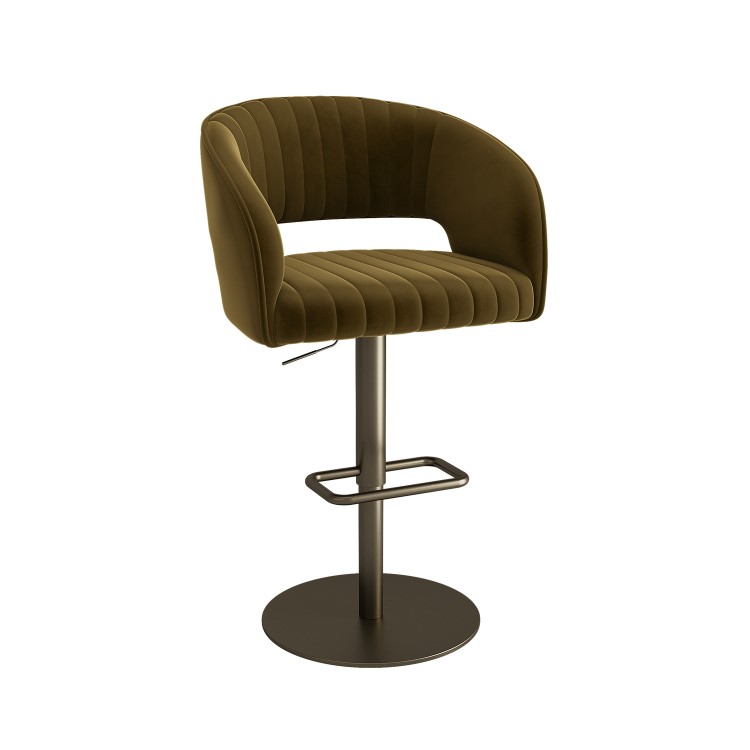 Set of 2 Curved Olive Green Velvet Adjustable Swivel Bar Stools with Brass Base - Runa