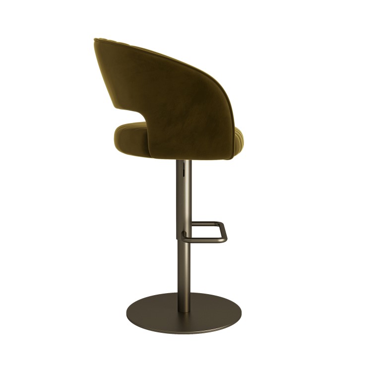 Set of 2 Curved Olive Green Velvet Adjustable Swivel Bar Stools with Brass Base - Runa