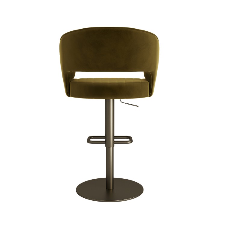 Set of 2 Curved Olive Green Velvet Adjustable Swivel Bar Stools with Brass Base - Runa