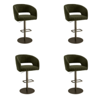 Set of 4 Curved Olive Green Velvet Adjustable Swivel Bar Stools with Brass Base - Runa