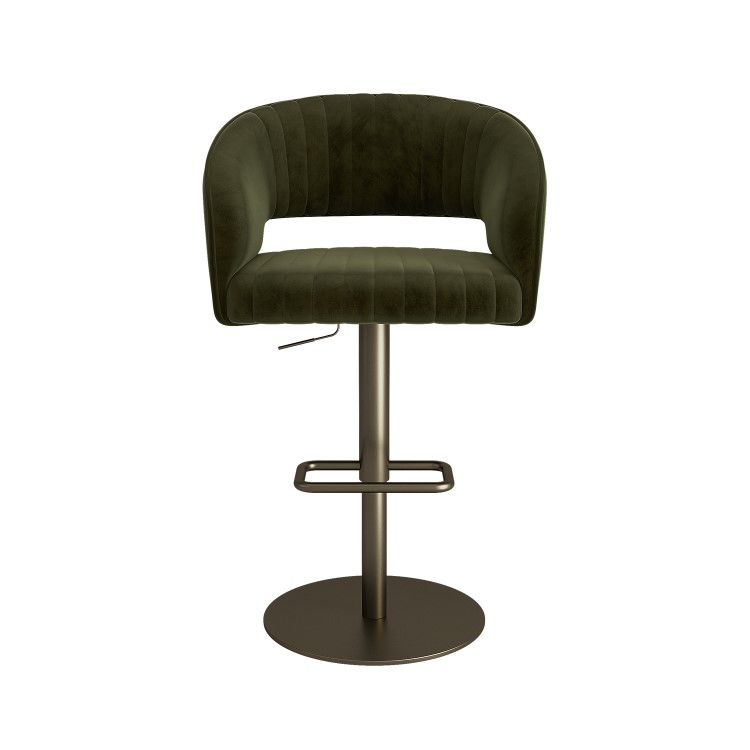 Curved Olive Green Velvet Adjustable Swivel Bar Stool with Brass Base - Runa