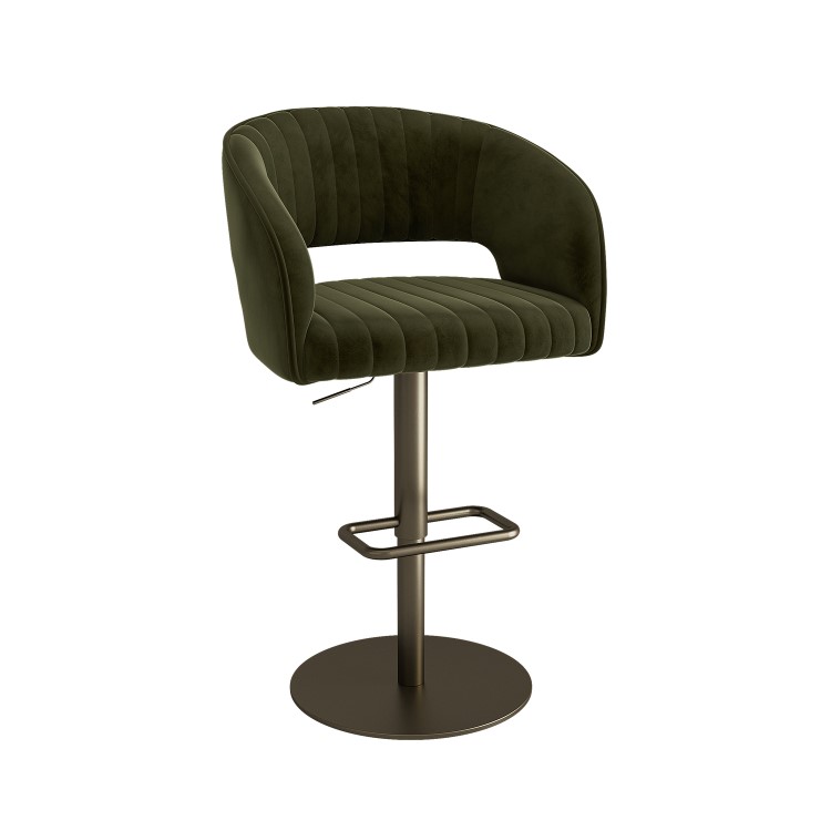 Curved Olive Green Velvet Adjustable Swivel Bar Stool with Brass Base - Runa