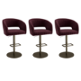 Set of 3 Curved Burgundy Velvet Adjustable Swivel Bar Stools with Brass Base - Runa