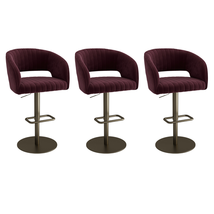 Set of 3 Curved Burgundy Velvet Adjustable Swivel Bar Stools with Brass Base - Runa