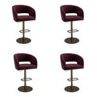 Set of 4 Curved Burgundy Velvet Adjustable Swivel Bar Stools with Brass Base - Runa