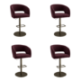 Set of 4 Curved Burgundy Velvet Adjustable Swivel Bar Stools with Brass Base - Runa