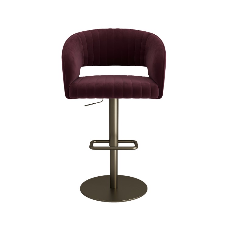 Set of 3 Curved Burgundy Velvet Adjustable Swivel Bar Stools with Brass Base - Runa