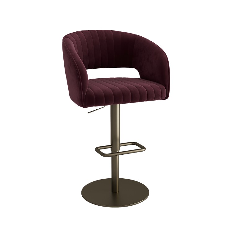 Set of 3 Curved Burgundy Velvet Adjustable Swivel Bar Stools with Brass Base - Runa