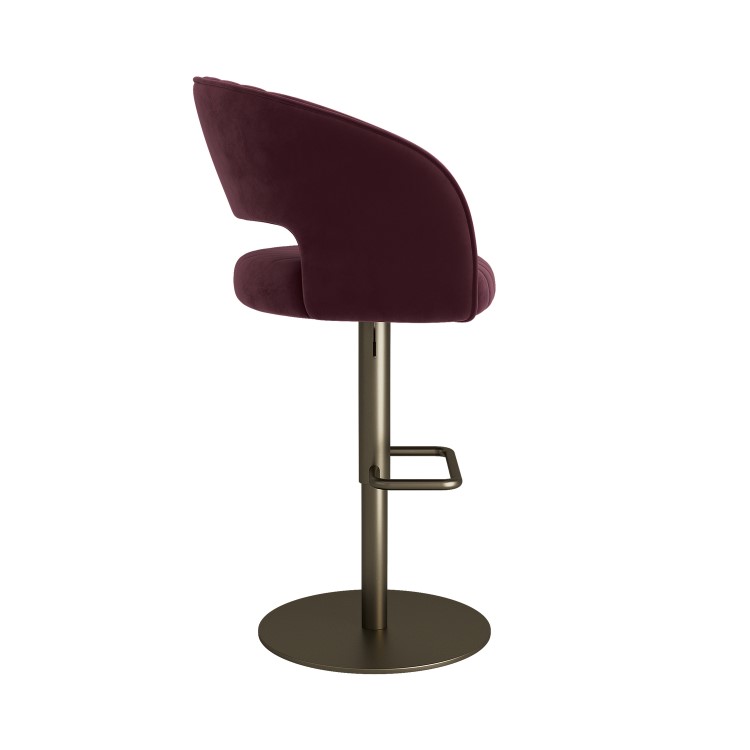 Set of 3 Curved Burgundy Velvet Adjustable Swivel Bar Stools with Brass Base - Runa