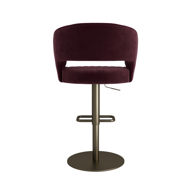 Set of 3 Curved Burgundy Velvet Adjustable Swivel Bar Stools with Brass Base - Runa