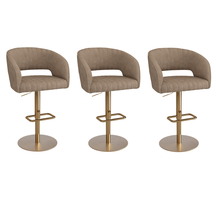 Set of 3 Curved Beige Faux Leather Adjustable Swivel Bar Stools with Gold Base - Runa