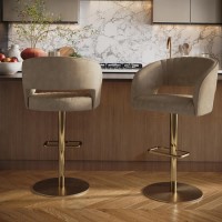 Set of 2 Curved Beige Faux Leather Adjustable Swivel Bar Stools with Gold Base - Runa