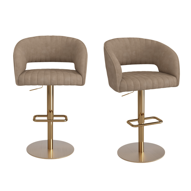 Set of 2 Curved Beige Faux Leather Adjustable Swivel Bar Stools with Gold Base - Runa