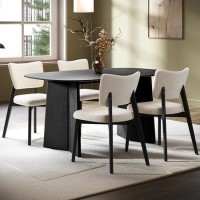 Black Dining Table Set with 4 Beige Upholstered Curved Back Dining Chairs - Seats 4 - Rivo