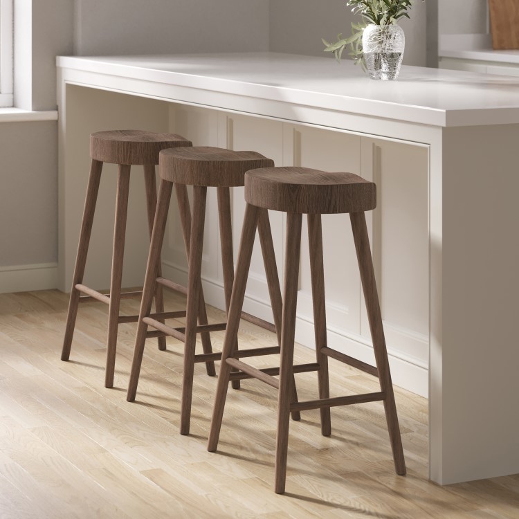 Set of 3 Walnut Solid Oak Kitchen Counter Stools - 70cm - Rayne