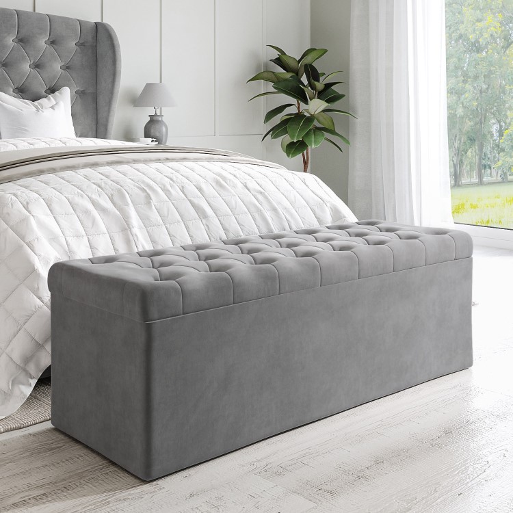 Grey Velvet King Size Ottoman Bed with Matching Blanket Box