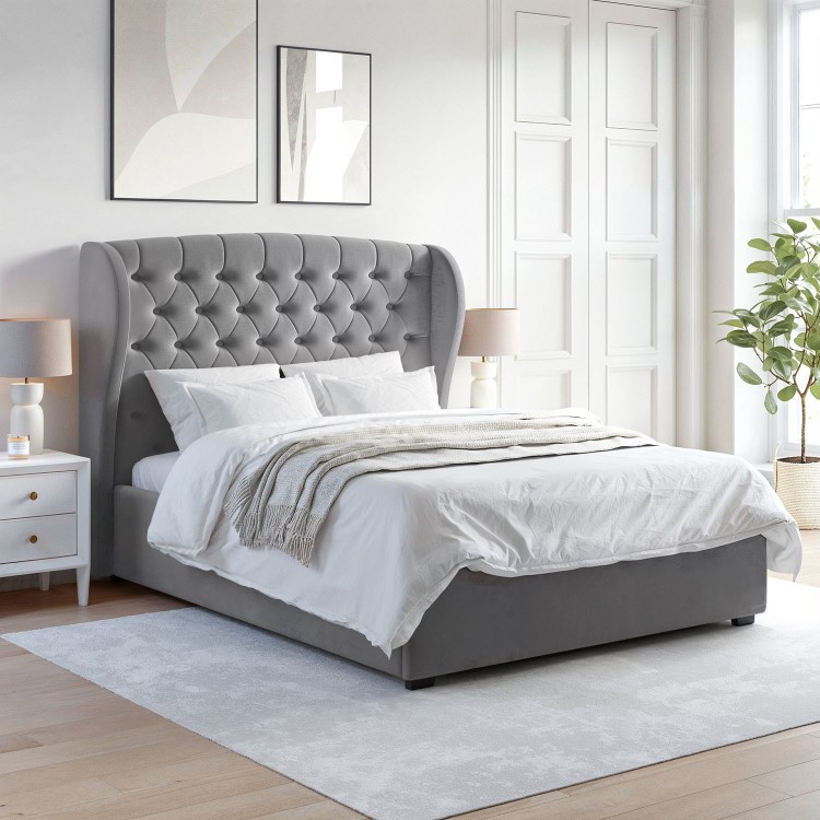Grey Velvet King Size Ottoman Bed with Winged Chesterfield Headboard - Safina