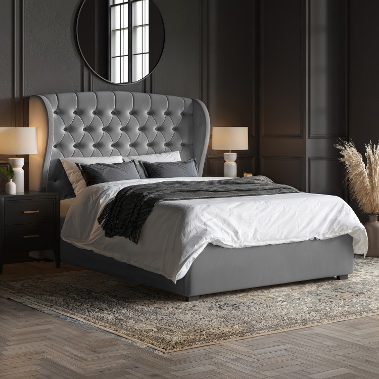 Grey Velvet King Size Ottoman Bed with Hybrid Memory Foam Top Mattress Included - Safina