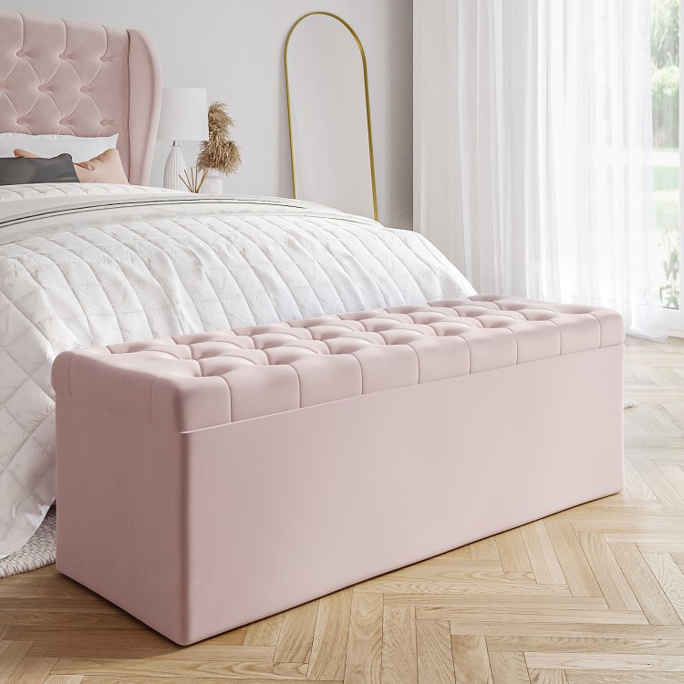 Pink Velvet King Size Ottoman Bed with Matching Blanket Box - Safina