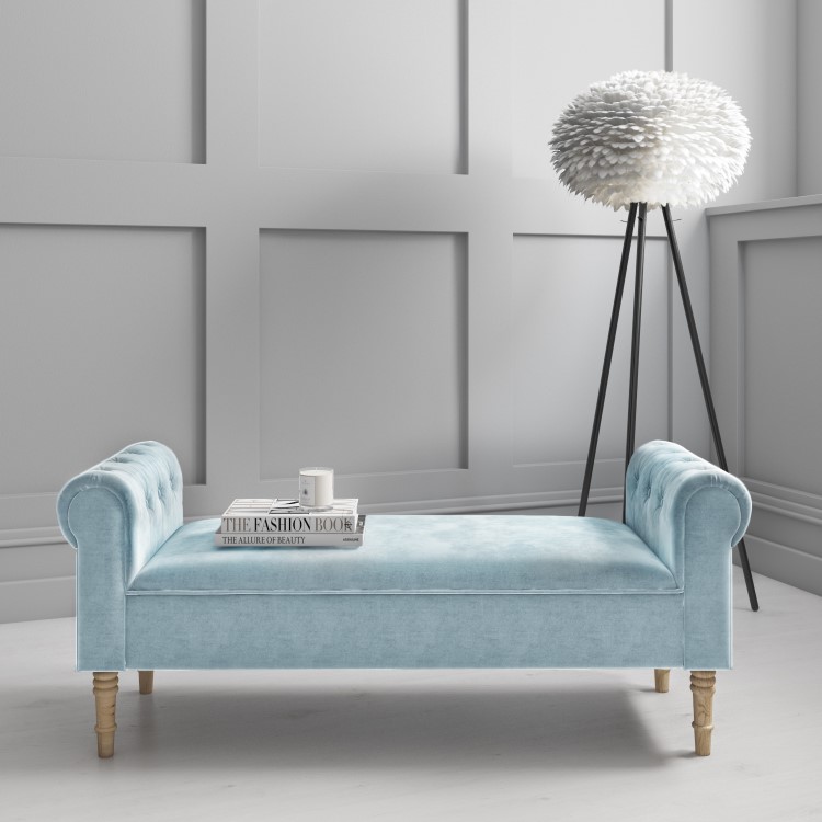 Safina Duck Egg Blue Hallway Velvet Bench with Quilted Arm Rest