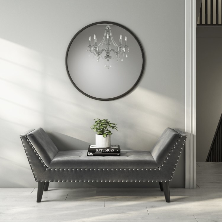 Safina Velvet Hallway Bench Seat with Stud Detailing in Dark Grey