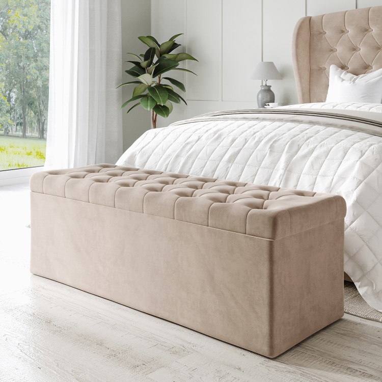 Beige Velvet Small Double Ottoman Bed with Blanket Box - Safina