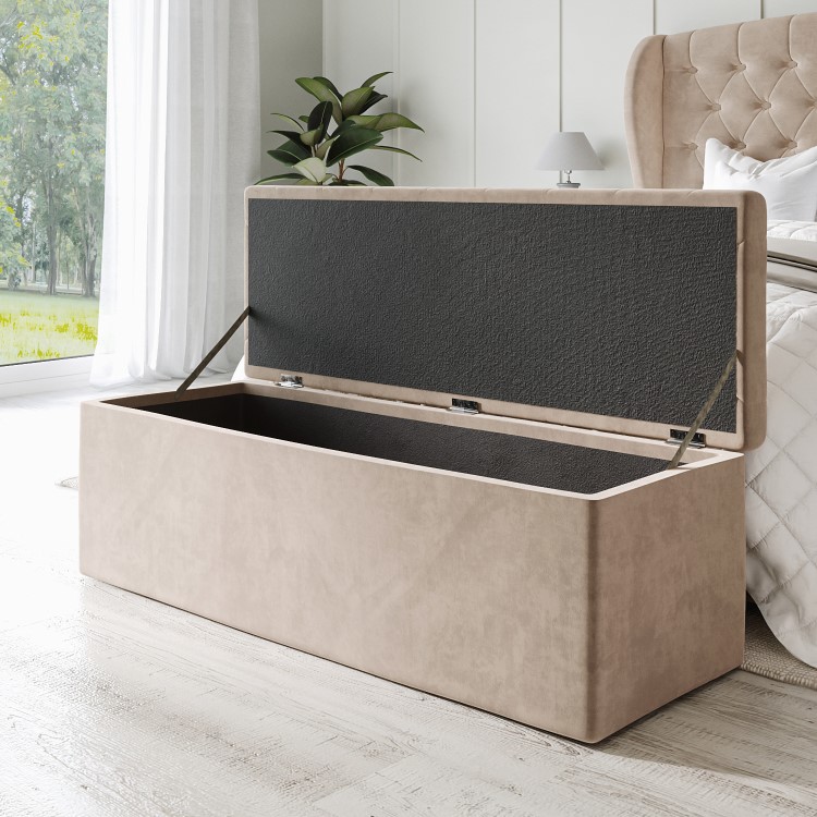 Beige Velvet Small Double Ottoman Bed with Blanket Box - Safina