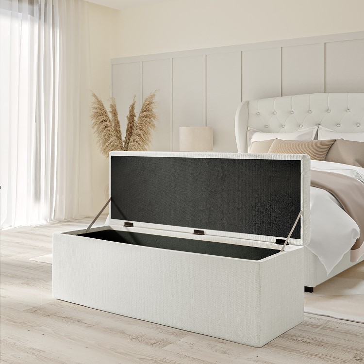 Cream Fabric King Size Ottoman Bed with Matching Blanket Box