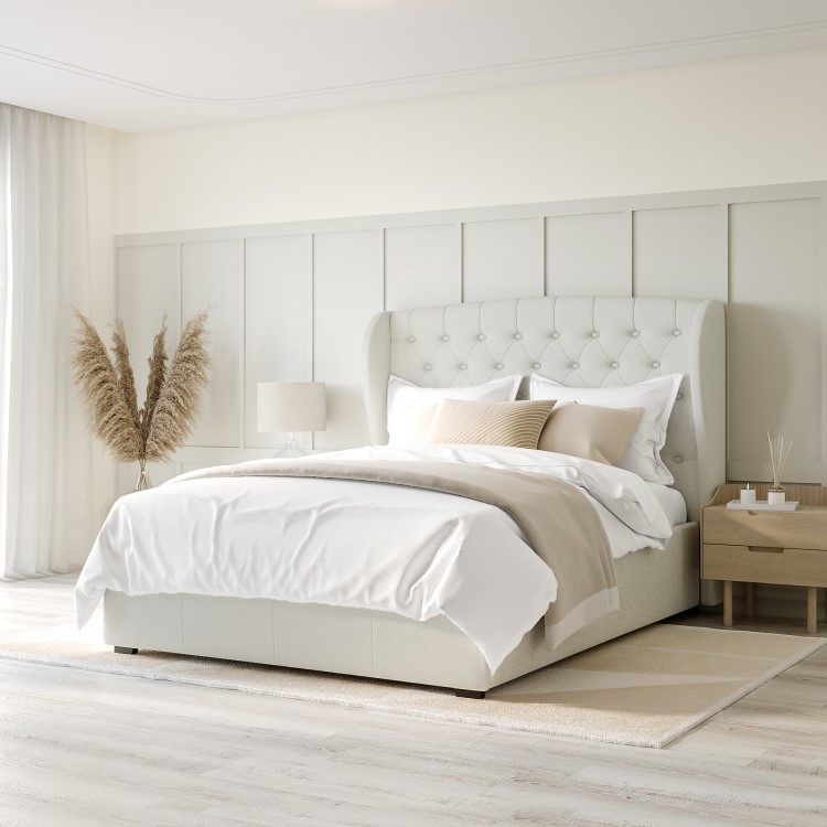 Cream Fabric King Size Ottoman Bed with Matching Blanket Box