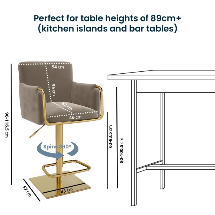 Set of 4 Mink Velvet Adjustable Swivel Bar Stools with Gold Base - Sonny