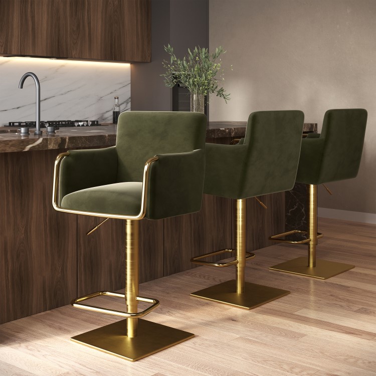 Set of 3 Olive Green Velvet Adjustable Swivel Bar Stools with Gold Base - Sonny