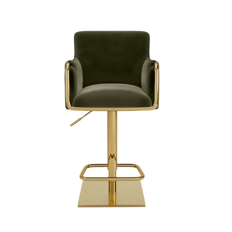 Set of 4 Olive Green Velvet Adjustable Swivel Bar Stools with Gold Base - Sonny