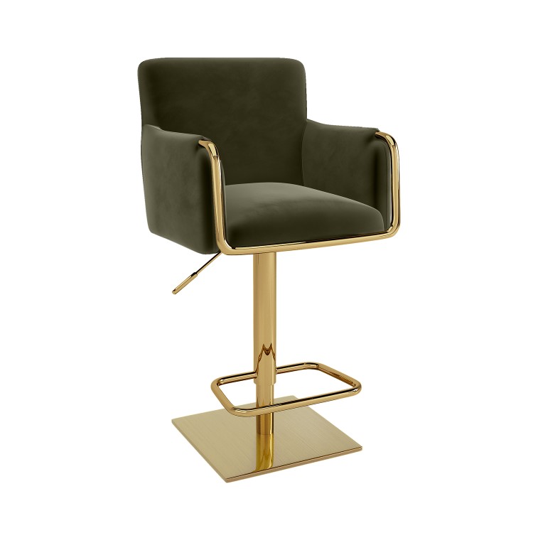 Set of 4 Olive Green Velvet Adjustable Swivel Bar Stools with Gold Base - Sonny