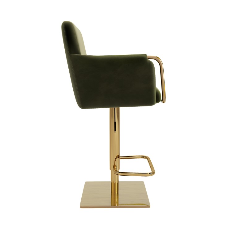 Set of 4 Olive Green Velvet Adjustable Swivel Bar Stools with Gold Base - Sonny