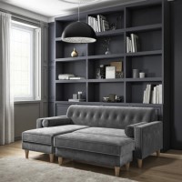 Grey Velvet Left Facing L Shaped Sofa with Matching Footstool - Seats 3 - Idris