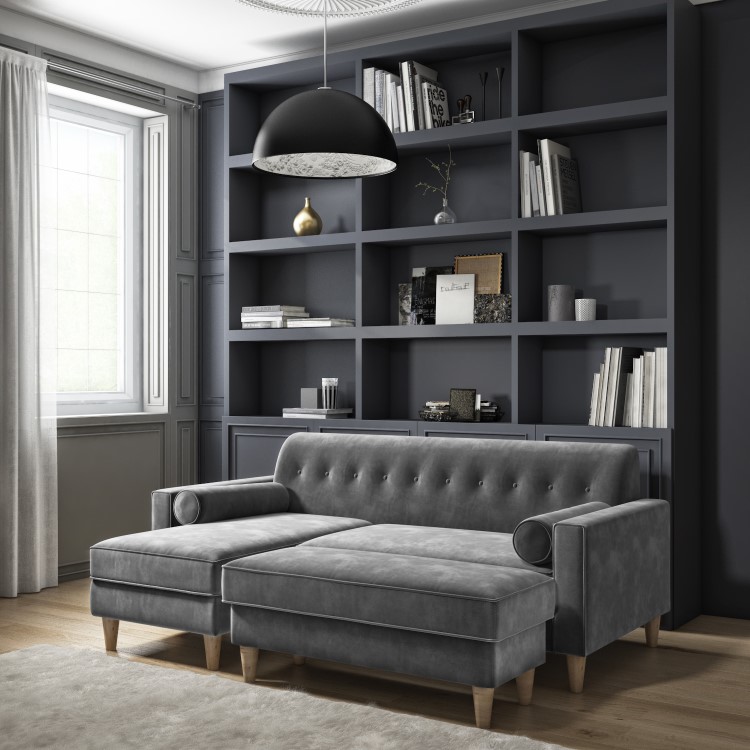 Grey Velvet Left Facing L Shaped Sofa with Matching Footstool - Seats 3 - Idris
