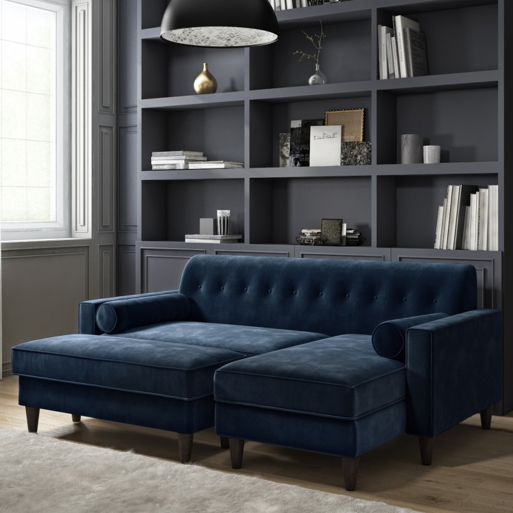 Right Hand Chaise Corner Sofa with Footstool Set in Navy Velvet - Idris