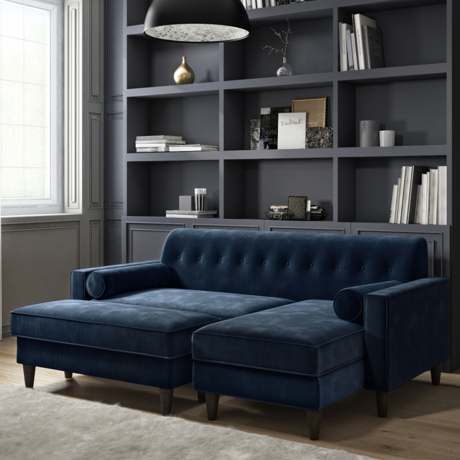 Idris Navy Blue Velvet Corner Sofa with Matching Footstool BuyItDirect.ie