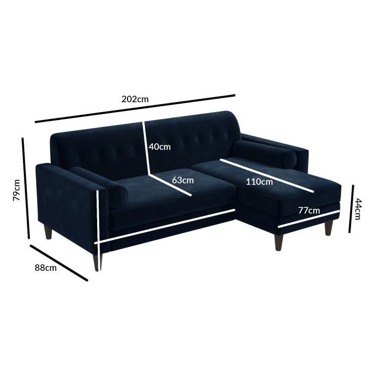 Right Hand Chaise Corner Sofa with Footstool Set in Navy Velvet - Idris
