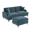 BUN/SOF077/84332 Blue Velvet Sofa and Footstool Set - Payton