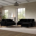 BUN/SOF124/92721 Black Velvet 2 Sofas and Footstool Set - Payton