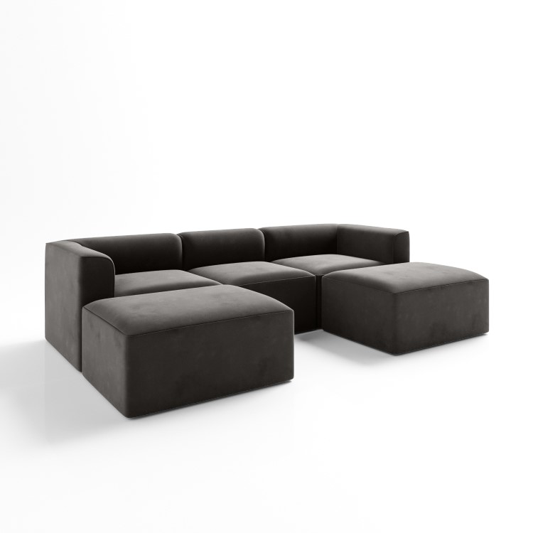Grey Velvet 4 Seater U Shaped Modular Sofa - Hendrix