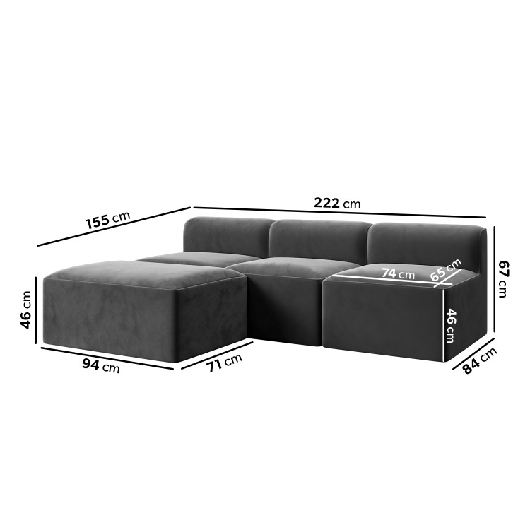 Grey Velvet L Shaped Modular Sofa - Seats 3 - Hendrix